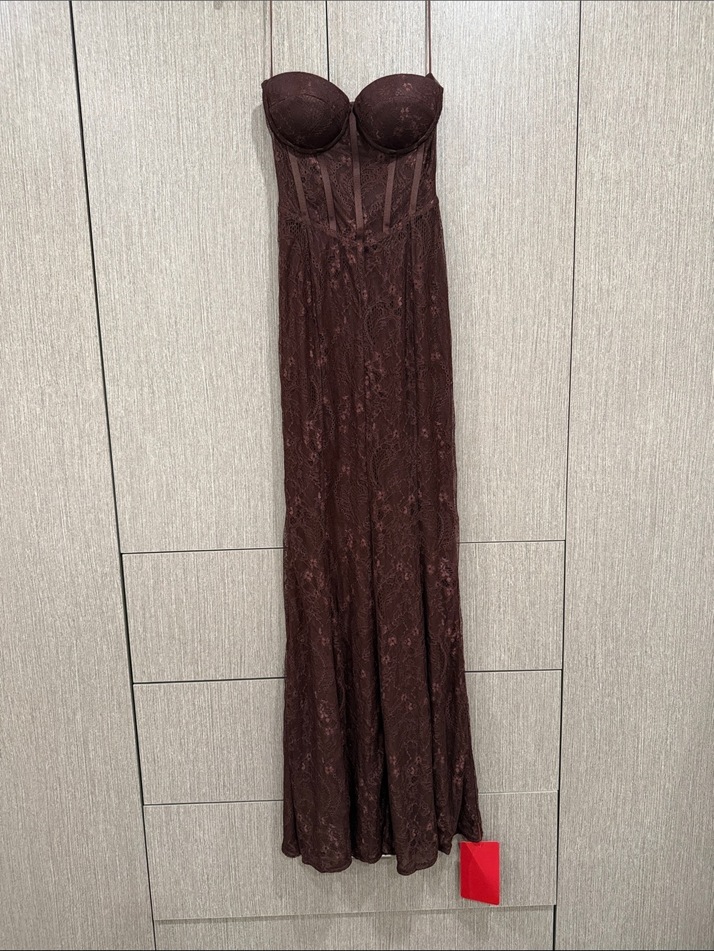 Fashion Nova Strapless Lace Evening Gown - Deep Brown from Nova Luxe section